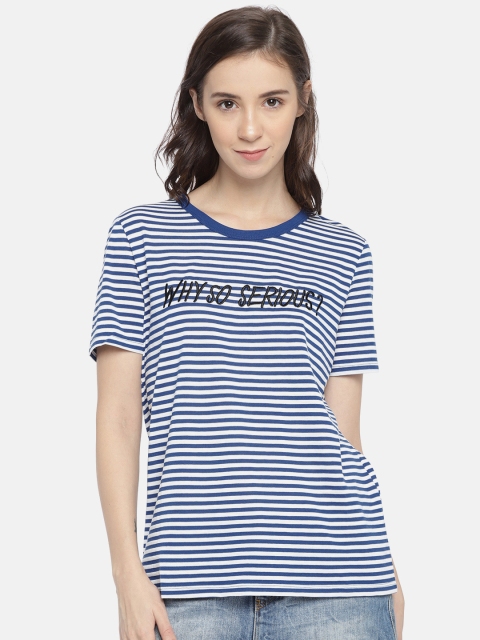 

ONLY Women Blue & White Striped Round Neck T-shirt