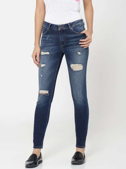 

ONLY Women Blue Skinny Fit Mid-Rise Mildly Distressed Stretchable Jeans