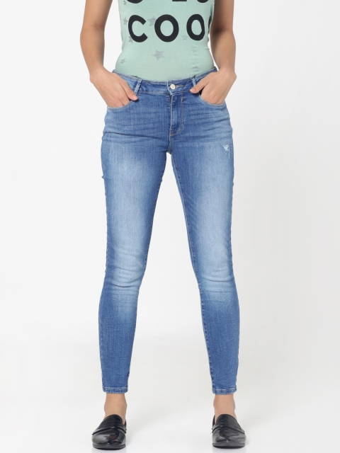 

ONLY Women Blue Skinny Fit Mid-Rise Low Distressed Stretchable Cropped Jeans
