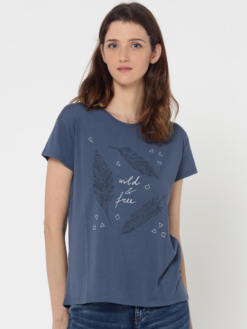 

ONLY Women Blue Printed Round Neck T-shirt