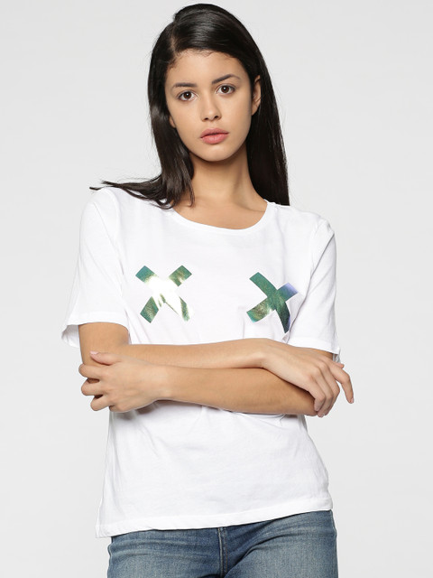 

ONLY Women White Printed Round Neck Pure Cotton T-shirt