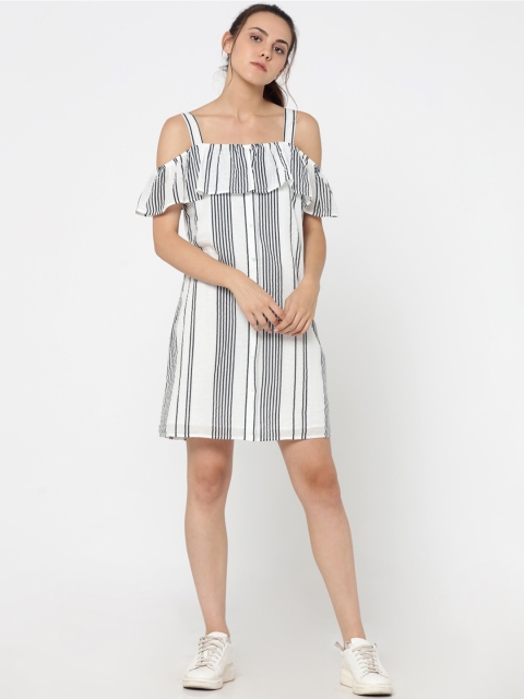ONLY Women White & Black Striped A-Line Dress