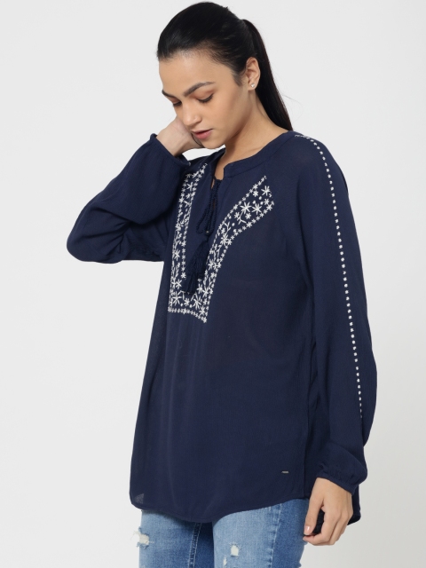 

ONLY Women Navy Blue Self Design Top
