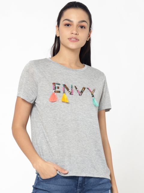 

ONLY Women Grey Melange Self Design Round Neck T-shirt