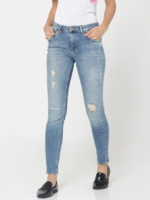 

ONLY Women Blue Skinny Fit Low-Rise Mildly Distressed Stretchable Jeans
