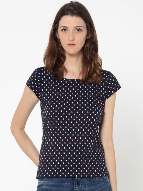 

ONLY Women Navy Blue Printed Round Neck T-shirt