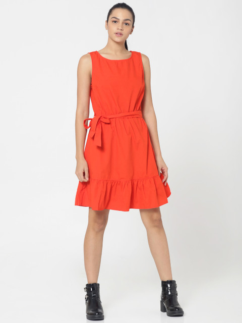

ONLY Women Orange Solid Fit and Flare Dress