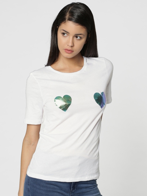 

ONLY Women White Printed Round Neck Pure Cotton T-shirt