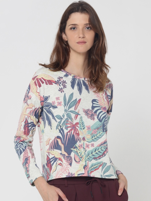 

ONLY Women Grey & Blue Tropical Printed Top