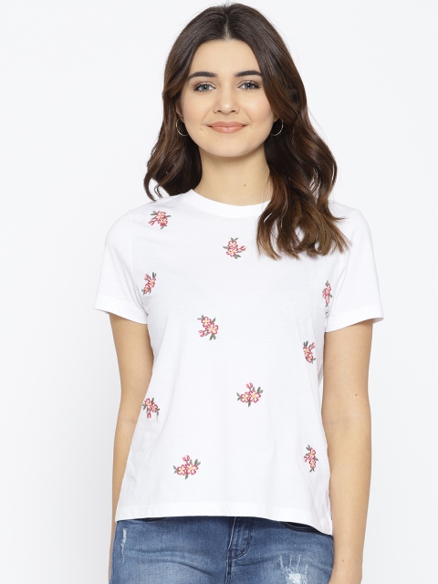 

ONLY Women White Self Design Round Neck Embroidered T-shirt