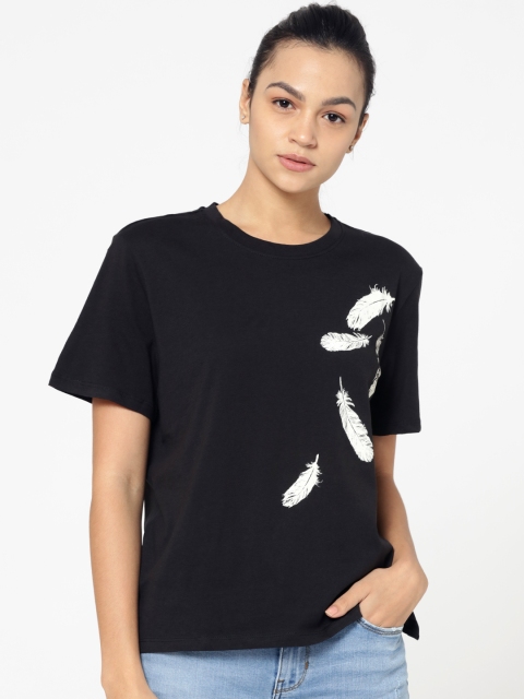 ONLY Women Black Printed Round Neck T-shirt