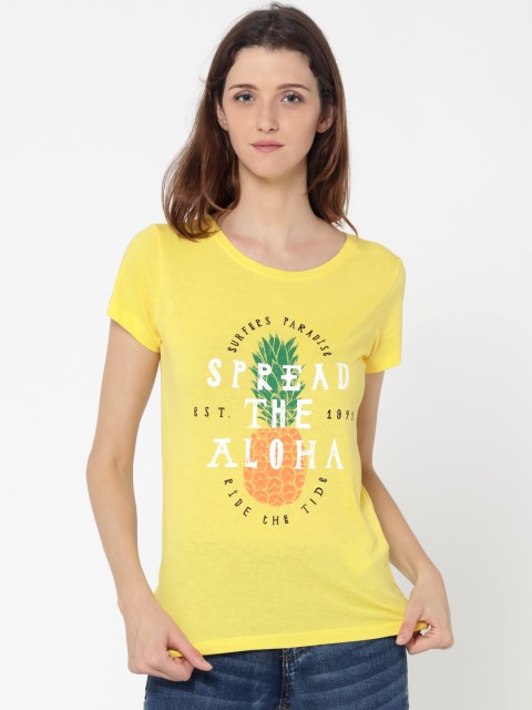 

ONLY Women Yellow Printed Round Neck T-shirt