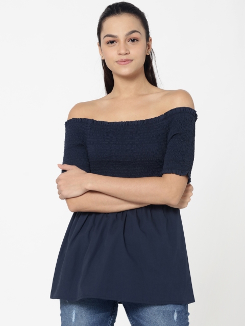 

ONLY Women Navy Blue Solid Bardot Pure Cotton Top
