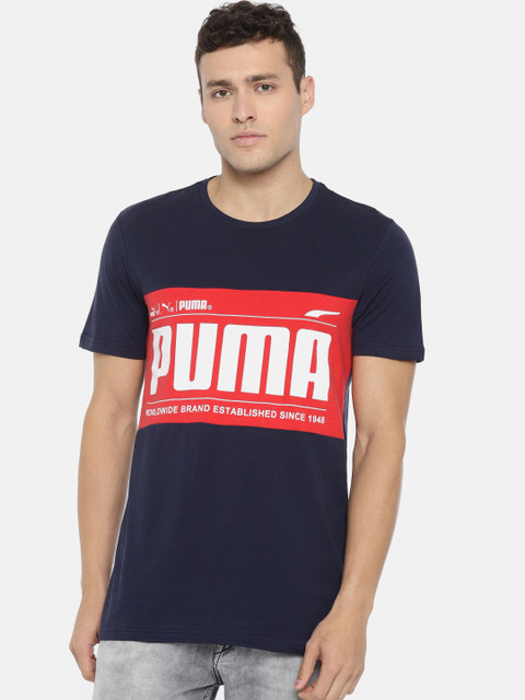 

Puma Men Navy Blue Red Printed Graphic Logo Block Pure Cotton T-shirt