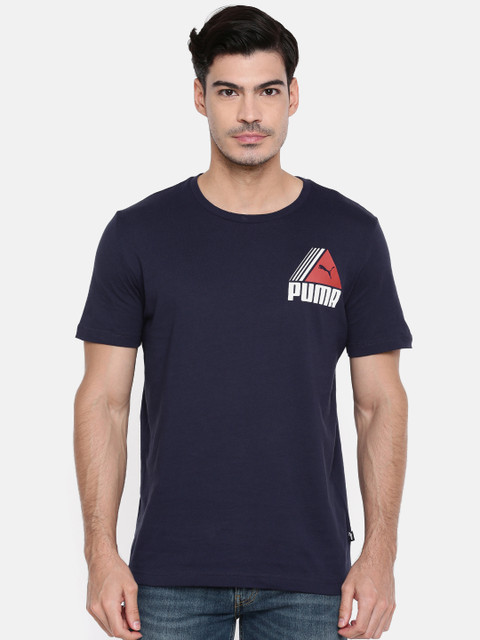 

Puma Men Navy Printed Round Neck TRI Retro Pure Cotton T-shirt, Navy blue