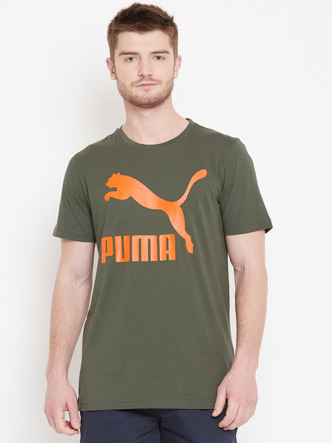 

Puma Men Olive Green & Orange Classics Logo Printed T-shirt
