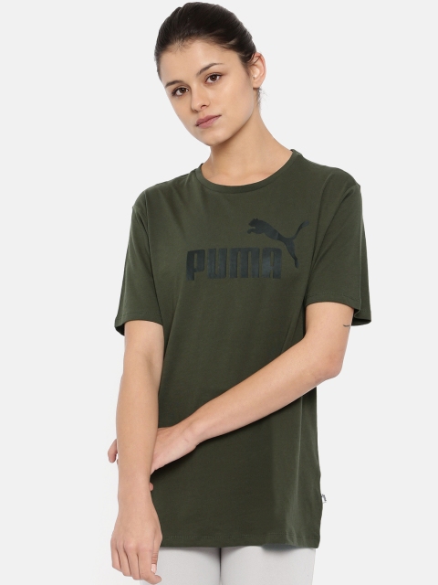 

Puma Women Olive Green Printed Relaxed Fit ELEVATED ESS BF Logo T-shirt