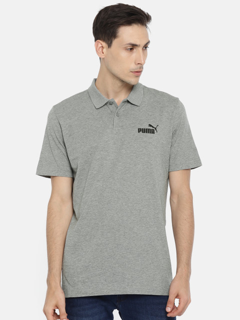 

Puma Men Grey Solid Polo Collar ESS Jersey Polo Pure Cotton T-shirt