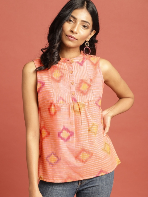 

Taavi Women Orange South Cotton Woven Legacy Top with Gathers