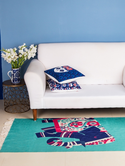 

Chumbak Elephant In The Jungle Rug Carpet, Turquoise blue