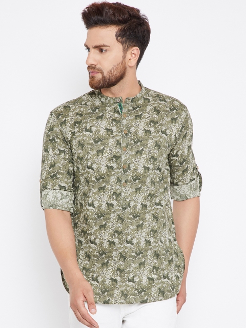 

even Men Olive Green & Beige Quirky Print Straight Kurta