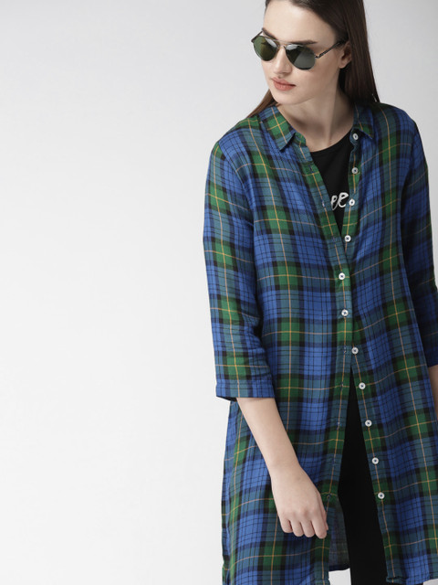 

Harvard Women Blue & Green Regular Fit Checked Longline Casual Shirt