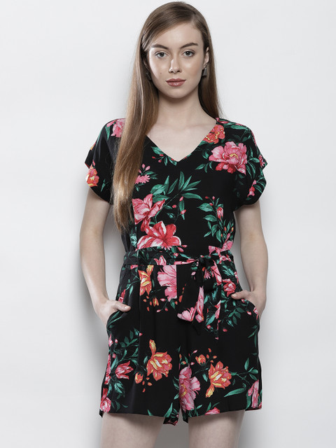 

DOROTHY PERKINS Petite Black & Pink Floral Print Playsuit