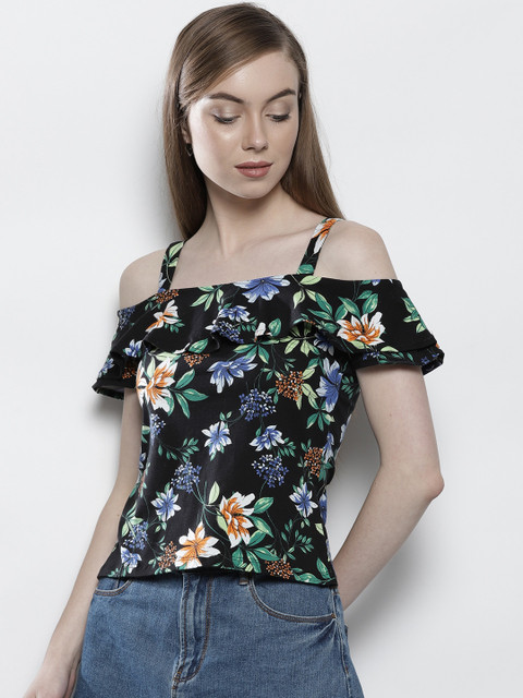

DOROTHY PERKINS Women Petite Black & Green Floral Print Bardot Top