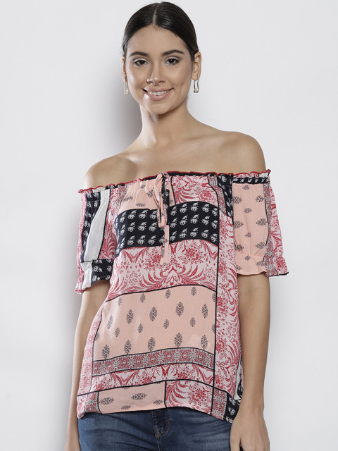 

DOROTHY PERKINS Women Peach-Coloured Printed Bardot Top