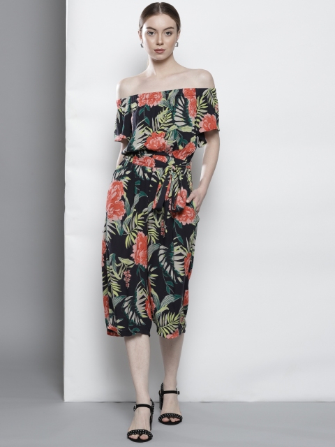

DOROTHY PERKINS Petite Navy Blue & Orange Printed Culotte Jumpsuit