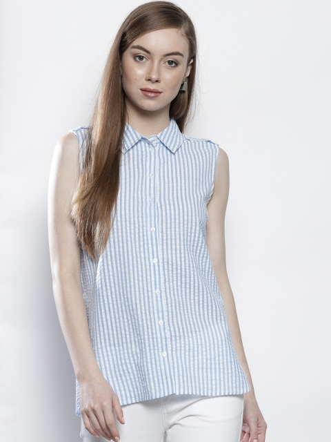 

DOROTHY PERKINS Women White & Blue Regular Fit Striped Casual Shirt