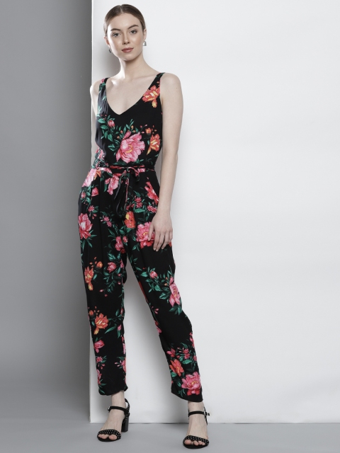 

DOROTHY PERKINS Petite Black & Pink Printed Basic Jumpsuit