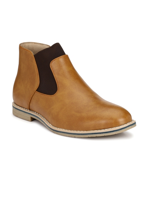 

Ferraiolo Men Tan Solid Leather Mid-Top Flat Boots