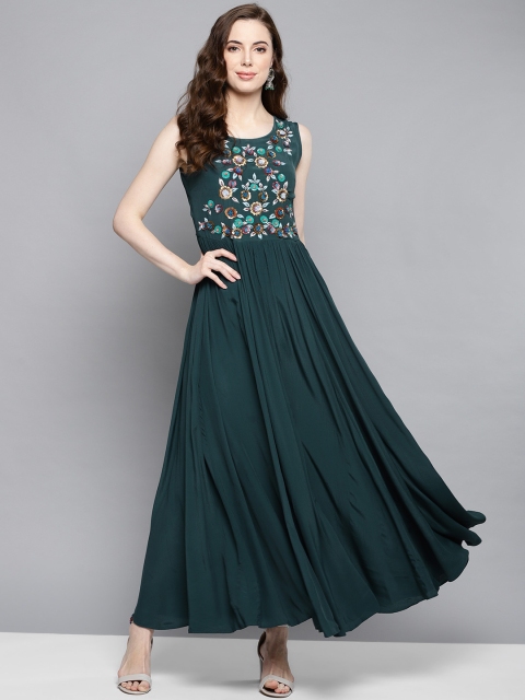 

Label Ritu Kumar Women Teal Green Embellished Maxi Dress
