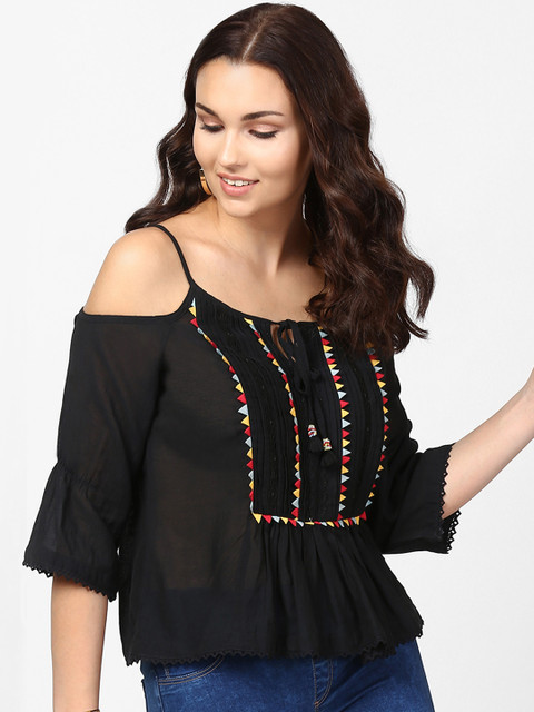 

Label Ritu Kumar Women Black Printed A-Line Top