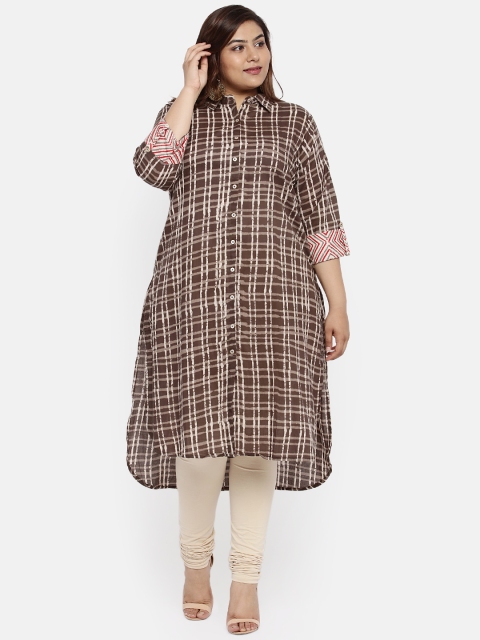 

aLL Plus Size Women Brown Off-White Checked A-Line Kurta