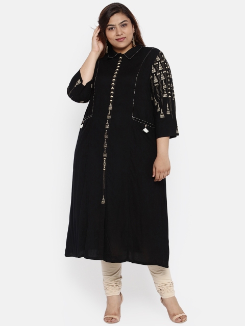 

aLL Plus Size Women Black Printed A-Line Kurta