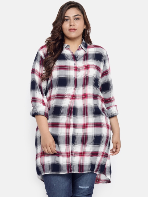 

aLL Plus Size Navy Maroon Checked Longline Shirt, Navy blue