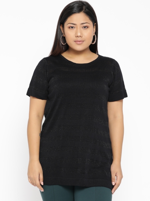 

aLL Plus Size Women Black Self-Striped Round Neck T-shirt