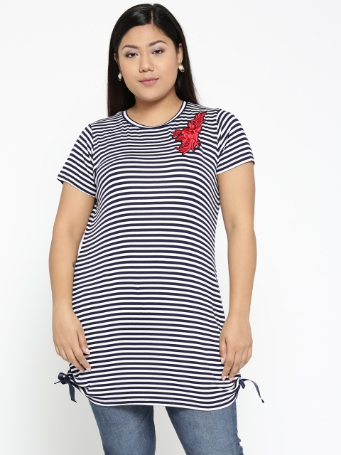 

aLL Plus Size Women Navy Blue White Longline Striped Round Neck T-shirt