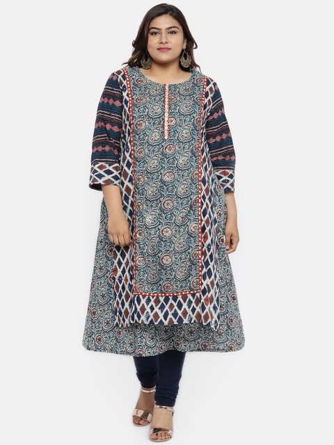 

aLL Plus Size Women Off-White Blue Printed Straight Kurta