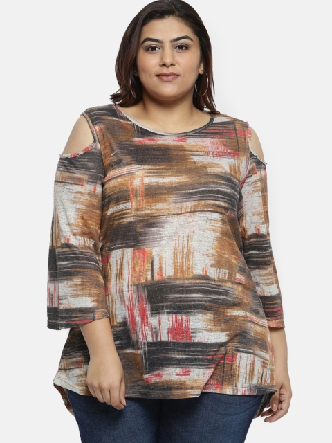 

aLL Plus Size Women Brown Black Printed Regular Top