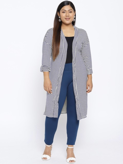 

aLL Plus Size Women Off White Navy Blue Striped Open Front Longline Shrug