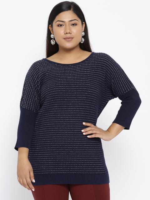 

aLL Plus Size Women Navy Blue Silver Self Checked Top