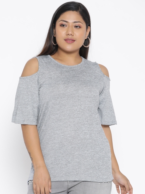 

aLL Plus Size Women Grey Melange Solid Cold-Shoulder High-Low Top