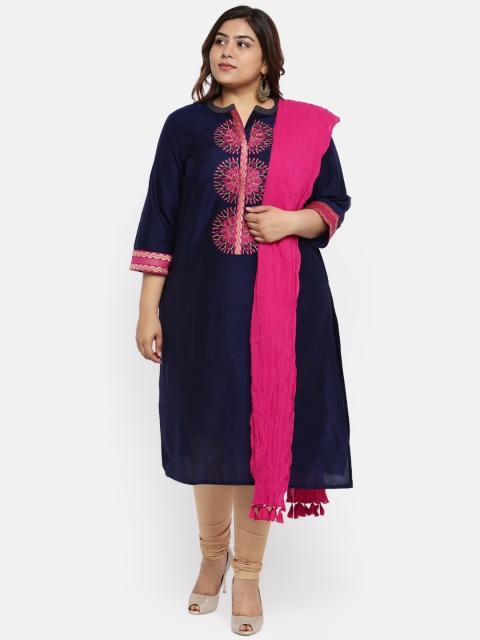 

aLL Plus Size Women Navy Blue Embroidered Straight Kurta with Dupatta