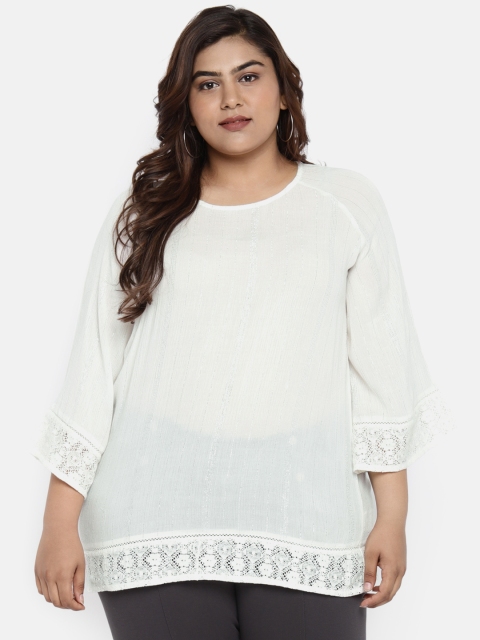 

aLL Plus Size Women White Striped Semi Sheer Regular Top
