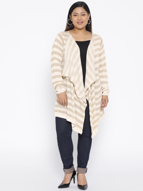 

aLL Plus Size Women Off-White Golden Striped Open Front Longline Shrug