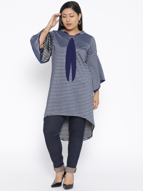 

aLL Plus Size Women Grey Blue Striped High-Low Tunic