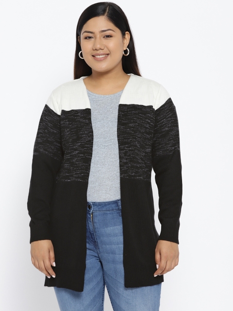 

aLL Plus Size Women Black Off-White Colourblocked Front Open Sweater